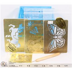 9 BRASS EMBOSSING PLATES W/ EMBOSSING TOOL.