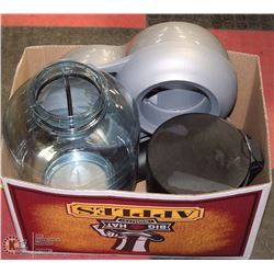 BOX WITH PET FEEDER AND SMALL GARBAGE BIN.