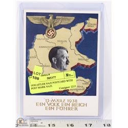 1938 HITLER NAZI POSTCARD WITH POST MARK NAZI.