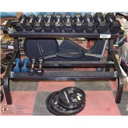 LOT OF WEIGHTS AND DUMBELLS WITH STAND