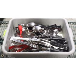 BUSPAN OF ASSORTED SERVING SPOONS AND TONGS