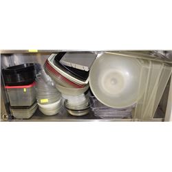 LOT OF PLASTIC BOWLS, INSERTS AND SERVING TRAYS