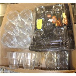 BOX OF TEA  AND DRINK GLASSES