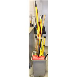 GARBAGE CAN W/ ASSORTED BROOMS AND MORE