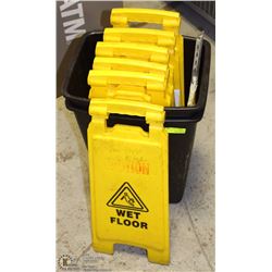 LOT OF 2 GARBAGE CANS AND 6 WET FLOOR SIGNS