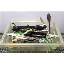 PLASTIC TOTE W/ VARIOUS TONGS