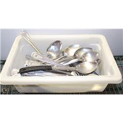 PLASTIC TOTE OF VARIOUS STEEL SERVING SPOONS