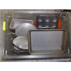 PLASTIC TOTE OF BAKING PANS + OTHER BAKER'S GOODS
