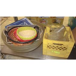 CRATE OF MEASURING CUPS + LARGE BOWLS/BASKETS
