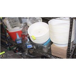 SHELF OF FOOD COVERS, TUBS, EGG POACHERS + MORE