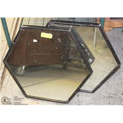 PAIR OF BLACK-TRIM HEXAGONAL MIRRORS