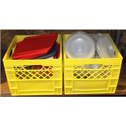 2 YELLOW CRATES WITH CONTENTS, SMALL BOWLS, TO GO