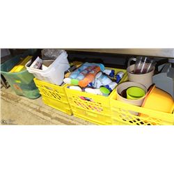 4 CRATES & PLASTIC TOTES WITH CONTENTS, BOWLS, BIN