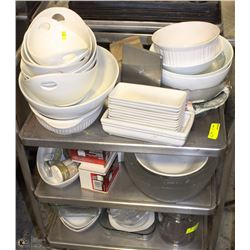 LOT OF ASSORTED SERVING DISHES AND MORE