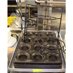 LOT OF 10 ASSORTED MUFFIN PANS PLUS PIE RACK