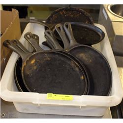 BUS PAN WITH APPROX 15 CAST IRON SKILLETS
