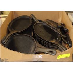 BOX OF APPROX 16 CAST IRON SKILLETS