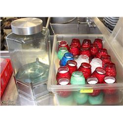 TOTE OF CANDLES AND LARGE GLASS JAR
