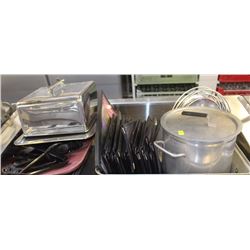 ASSORTED LOT OF KITCHEN ITEMS AND MENUS, S/S CAKE