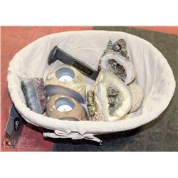 BASKET WITH DECORATIVE GEODES,MINING SCENES AND