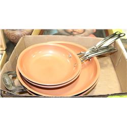 FOUR GOTHAM STEEL FRYING PANS, 2 SMALL 2 XLARGE.