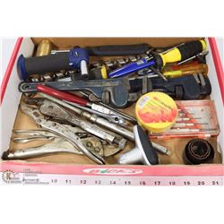 FLAT OF TOOLS, INCLUDES TORCH, PIPE WRENCHES, VISE