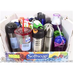 FLAT OF 18 NEW THERMOS,WATER BOTTLES,ETC