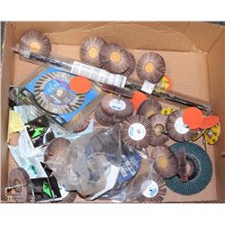 BOX OF ASSORTED FLAP WHEELS , GRINIDNG DISCS AND