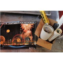 BOX OF VARIOUS POSTERS BANNER AND BOX OF WINE MAKING BOOKS AND ANTIQUE WINE FUNNEL