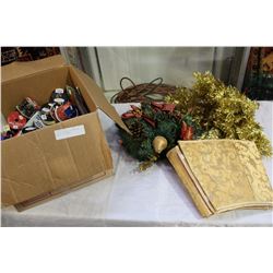 BOX OF CHRISTMAS DECORATIONS WREATH AND PLATES