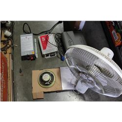 POWER CONVERTER AMP AND TABLE FAN AND SPEAKERS