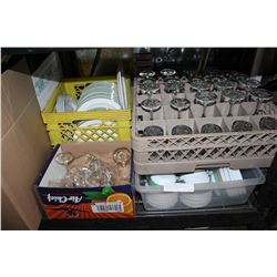 TRAY OF GLASSES AND DISHWASHING TRAY AND CRATE OF PLATES AND BOWLS