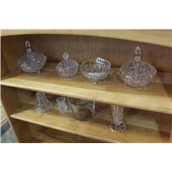 CRYSTAL DECANTER, CRYSTAL LIDDED CANDY DISHES, VASES ETC