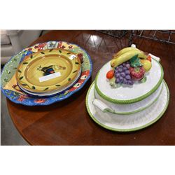 POTTERY FRUIT MOTIF TUREEN WITH LADLE AND PLATTER AND THREE LARGE ITALIAN POTTERY SERVING PLATTERS