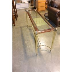 BRASS AND WOOD GLASSTOP SOFA TABLE