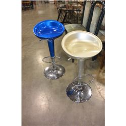 TWO BLUE AND LIGHT GOLD AND CHROME GAS LIFT BARSTOOLS