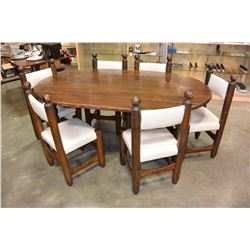 LOG STYLE WALNUT DROPSIDE DINING TABLE AND SIX WHITE LEATHER SEAT CHAIRS,