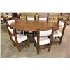 Image 1 : LOG STYLE WALNUT DROPSIDE DINING TABLE AND SIX WHITE LEATHER SEAT CHAIRS,