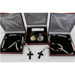 TWO CASED ROSARIES AND TWO POCKET WATCHES