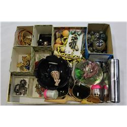 TRAY OF COLLECTIBLES VINTAGE HAND WARMER ART GLASS AND JEWELLRY