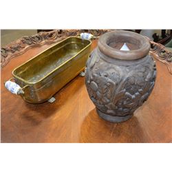 WOODEN CARVED VASE, AND BRASS TRATY WITH PORCELAIN HANDLES