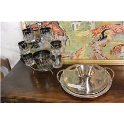 MID CENTURY ICE BUCKET WITH GLASSES AND CADDY AND SERVING TRAYS