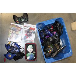 SMALL TOTE OF VIDEO GAME CONTROLLERS GAMES AND ELECTRONICS