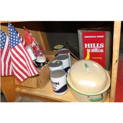 SHELF LOT OF TINS AND COLLECTIBLES