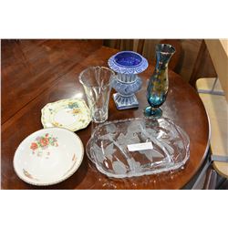 THREE VASES AND CHINA AND CRSYTAL PLATTERS