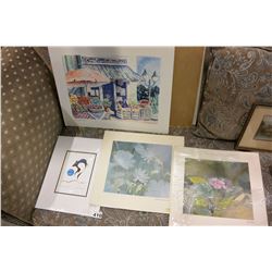 LOT OF UNFRAMED PRINTS AND NATIVE PRINT AND WATERCOLORS