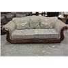 Image 1 : DESIGNER ROLLED ARM CARVED WOOD SOFA WITH 3 PILLOWS