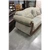 Image 2 : DESIGNER ROLLED ARM CARVED WOOD SOFA WITH 3 PILLOWS