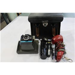 POLAROID CAMERA WITH CASE AND VINTAGE FLASHLIGHTS AND PHONE LINE TESTOR