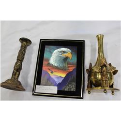 HOLOGRAPH EAGLE AND TWO UNUSUAL BRASS NATIVE PIECES